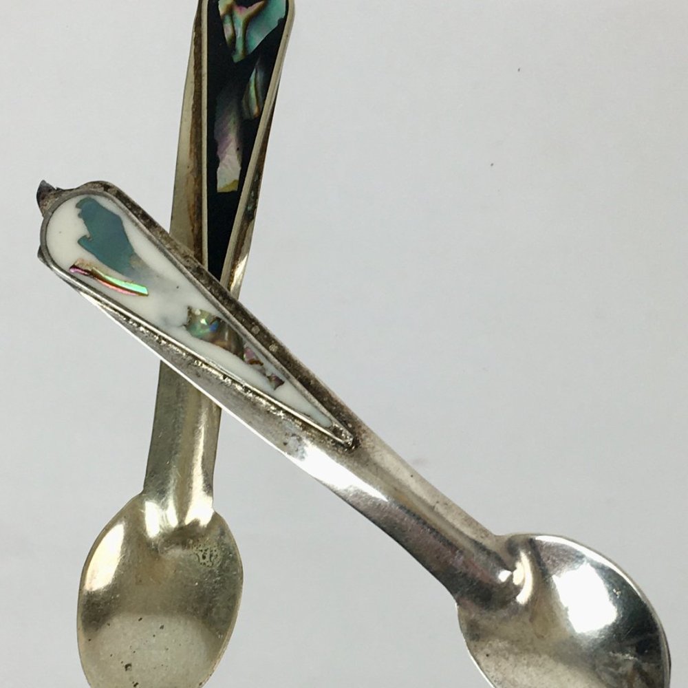 2 Vintage Miniature Alpaca Silver Mexico Abalone Mother of Pearl Salt Spoon Set